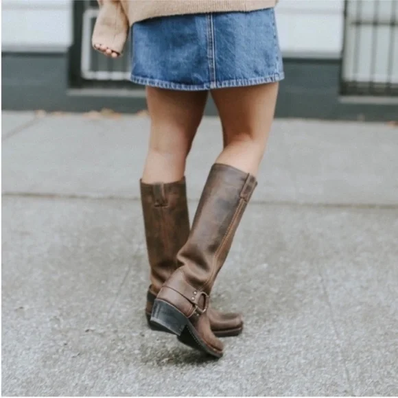$495 Frye Harness Black Biker Square Toe Metallic Glitter Cowboy Boots - Picture 6 of 16
